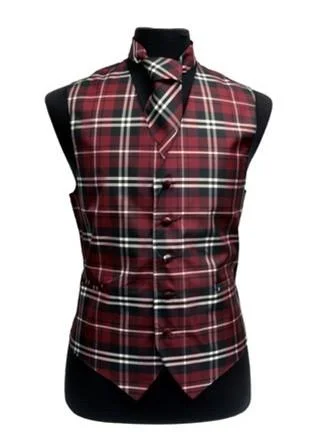 designer vests for men -Men's Burgundy Plaid Vest with Neck Tie