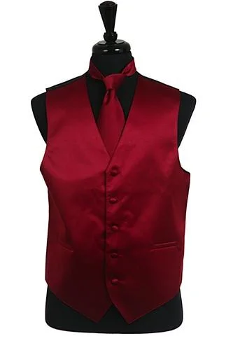 men's sleeveless jackets -Men's Burgundy Satin Vest with Neck Tie