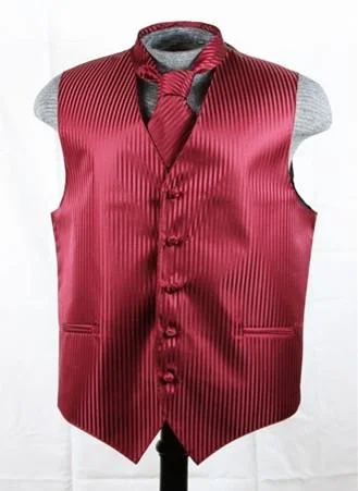 men's stylish vest jackets -Men's Burgundy Striped Vest with Neck Tie