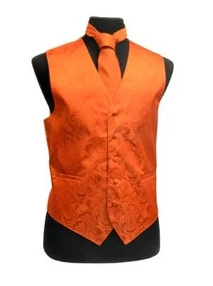 men's black vests for formal wear -Men's Burnt Orange Paisley Vest with Neck Tie