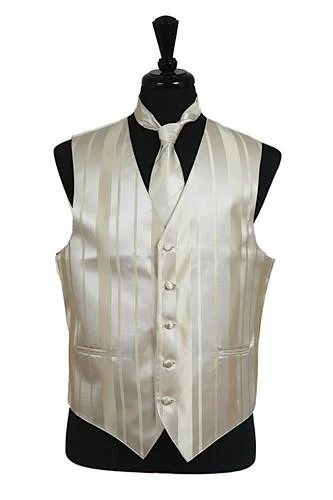 tailored vests for men -Men's Champagne Striped Vest with Neck Tie and Bow Tie