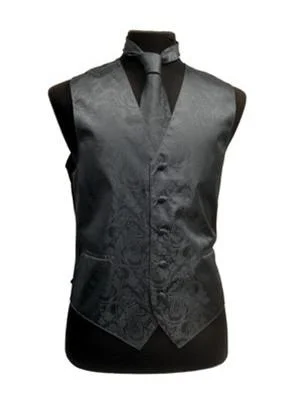 men's formal vest options -Men's Charcoal Paisley Vest with Neck Tie