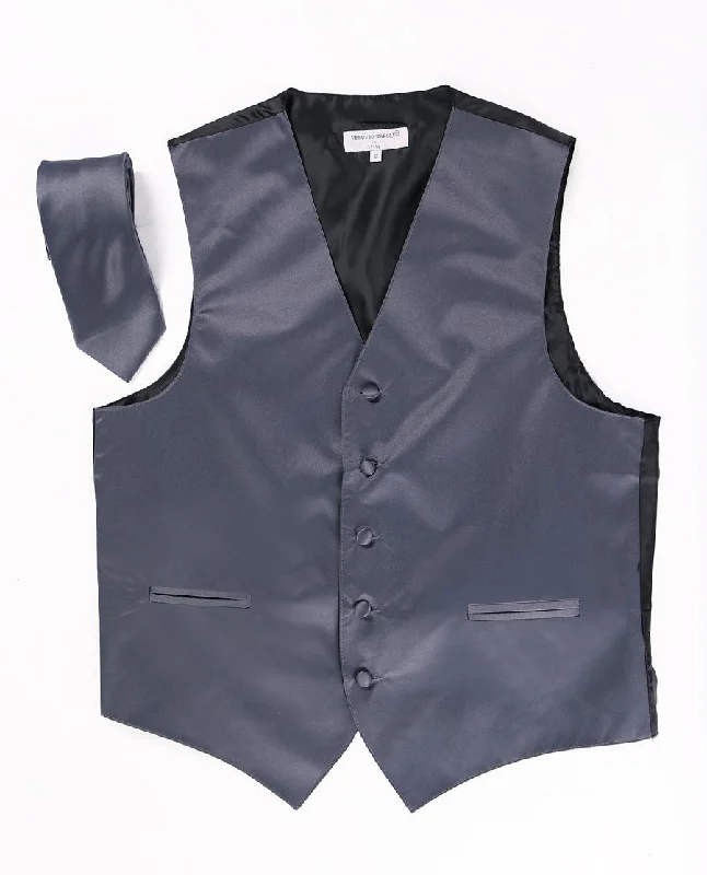 smart casual vests for men -Men's Charcoal Satin Vest with Necktie