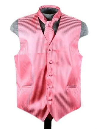 men's puffer vests -Men's Coral Pink Striped Vest with Neck Tie