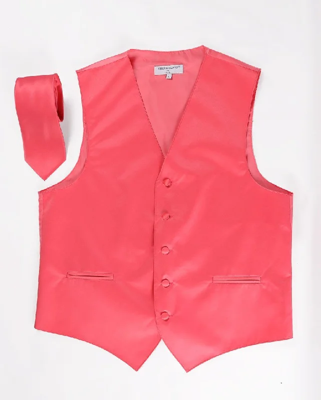 multi-pocket vests for men -Men's Coral Satin Vest with Necktie