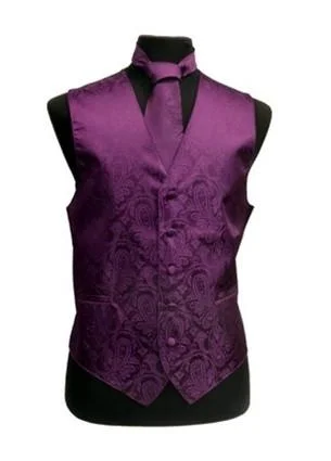 wool waistcoats for men -Men's Eggplant Paisley Vest with Neck Tie