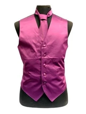 sleeveless jackets for men -Men's Eggplant Satin Vest with Neck Tie