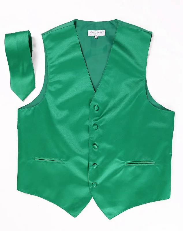 multi-pocket vests for men -Men's Emerald Green Satin Vest with Necktie