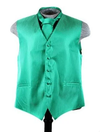 slim-fit waistcoats for men -Men's Emerald Green Striped Vest with Neck Tie