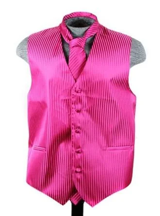 button-down vests for men -Men's Fuchsia Striped Vest with Neck Tie