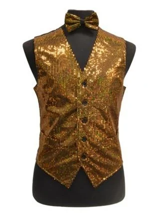 men's checkered vests -Men's Gold Sequined Vest with Bow Tie