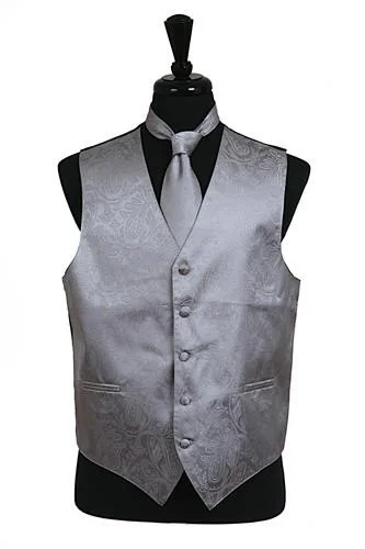 men's sleeveless waistcoats -Men's Gray Paisley Vest with Neck Tie