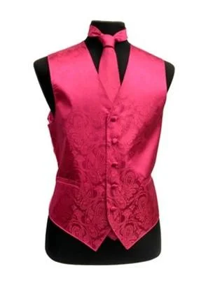 sleeveless jackets for men -Men's Hot Pink Paisley Vest with Neck Tie