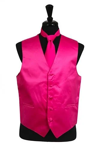 modern waistcoats for men -Men's Hot Pink Satin Vest with Neck Tie