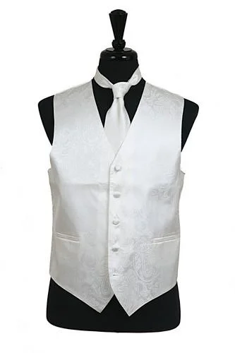 men's stylish waistcoats for suits -Men's Ivory Paisley Vest with Neck Tie