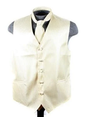 outdoor vests for men -Men's Ivory Striped Vest with Neck Tie