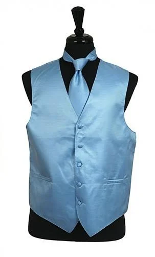 warm vests for men -Men's Light Blue Satin Vest with Neck Tie