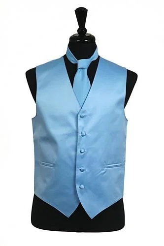 stylish waistcoats for men -Men's Light Blue Satin Vest with Neck Tie