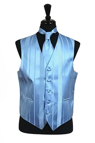 men's fashion vests -Men's Light Blue Striped Vest with Neck Tie and Bow Tie