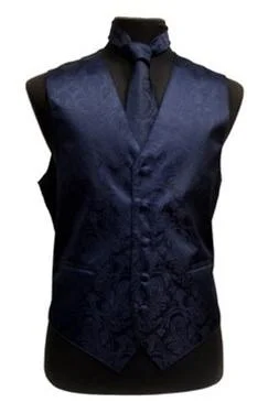 cotton vest jackets for men -Men's Navy Blue Paisley Vest with Neck Tie