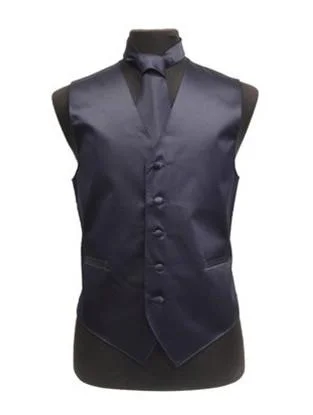 men's lightweight winter vests -Men's Navy Blue Satin Vest with Neck Tie