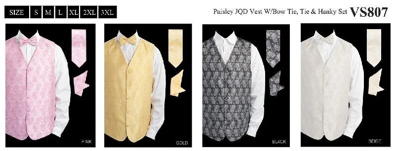 men's vest jackets -Men's Paisley Jacquard Vest with Tie, Bow Tie, Pocket Square