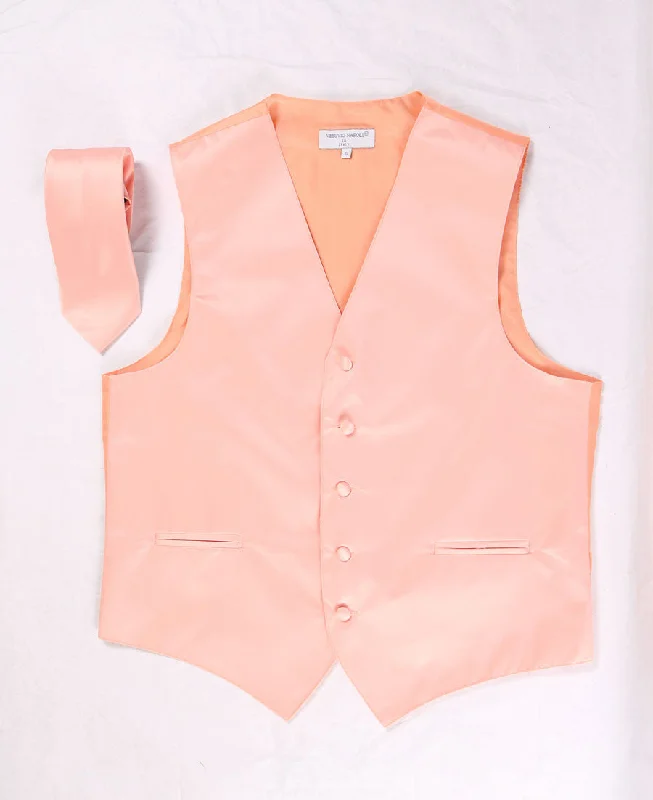 men's slim-fit sleeveless vests -Men's Peach Satin Vest with Necktie