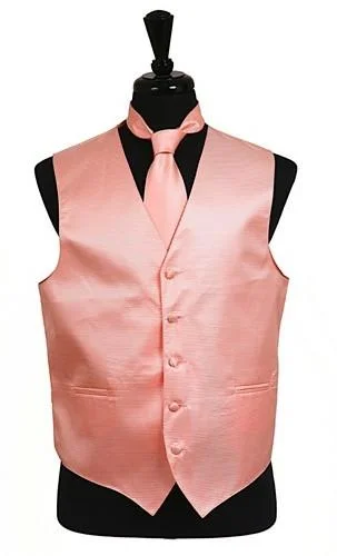 men's checkered waistcoats -Men's Peach Satin Vest with Neck Tie