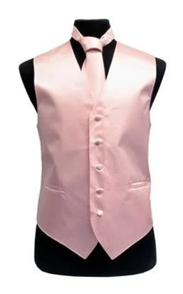 modern vests for men -Men's Pink Satin Vest with Neck Tie