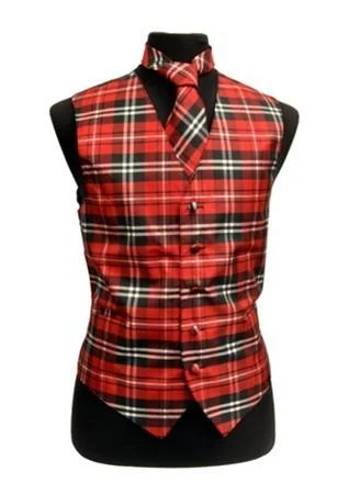 quilted vests for men -Men's Red Plaid Vest with Neck Tie