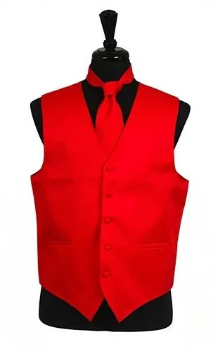 trendy vests for men -Men's Red Satin Vest with Neck Tie