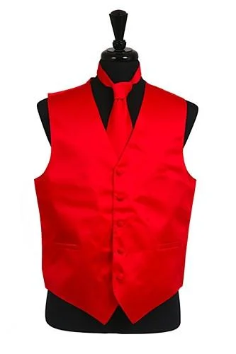 high-quality vests for men -Men's Red Satin Vest with Neck Tie