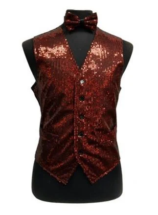 men's leather waistcoats -Men's Red Sequined Vest with Bow Tie