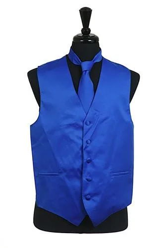 outdoor vests for men -Men's Royal Blue Satin Vest with Neck Tie