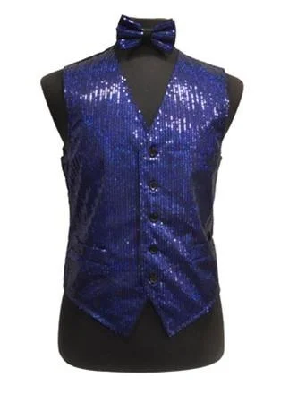 warm vests for men -Men's Royal Blue Sequined Vest with Bow Tie