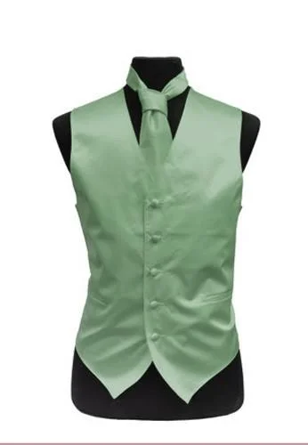 dress waistcoats for men -Men's Sage Green Satin Vest with Necktie and Hanky