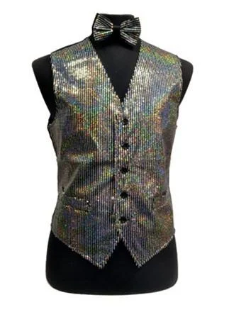 wool vests for men -Men's Silver Sequined Vest with Bow Tie