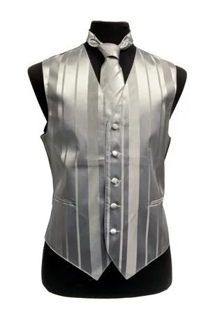 puffer vests for men -Men's Silver Striped Vest with Neck Tie and Bow Tie