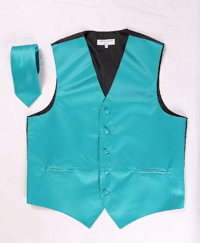 warm vest jackets for men -Men's Teal Satin Vest with Necktie