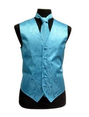 men's formal waistcoats for weddings -Men's Turquoise Paisley Vest with Neck Tie