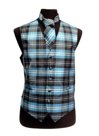 quilted vests for men -Men's Turquoise Plaid Vest with Neck Tie