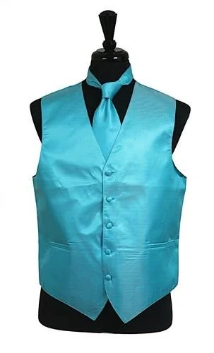 men's formal sleeveless vests -Men's Turquoise Satin Vest with Neck Tie