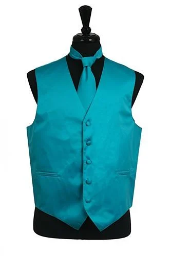 men's dress vests -Men's Turquoise Satin Vest with Neck Tie