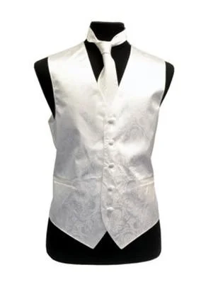 elegant vest jackets for men -Men's White Paisley Vest with Neck Tie