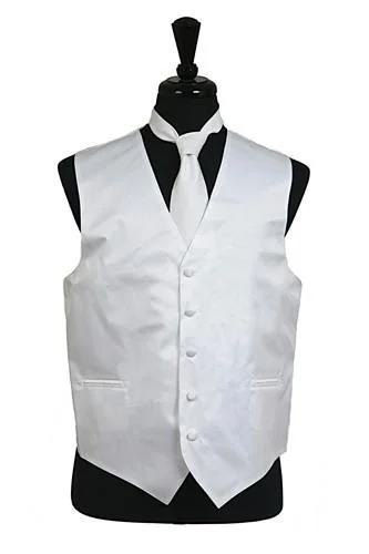 button-up waistcoats for men -Men's White Satin Vest with Neck Tie