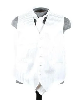 men's slim-fit sleeveless vests -Men's White Striped Vest with Neck Tie