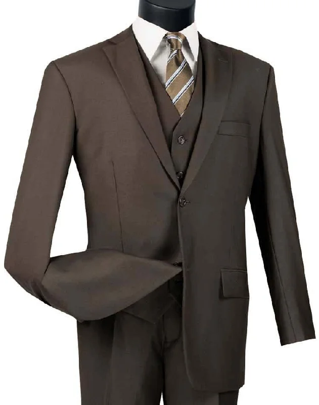 urban style vests for men -Three Piece Classic Fit Vested Suit Color Brown