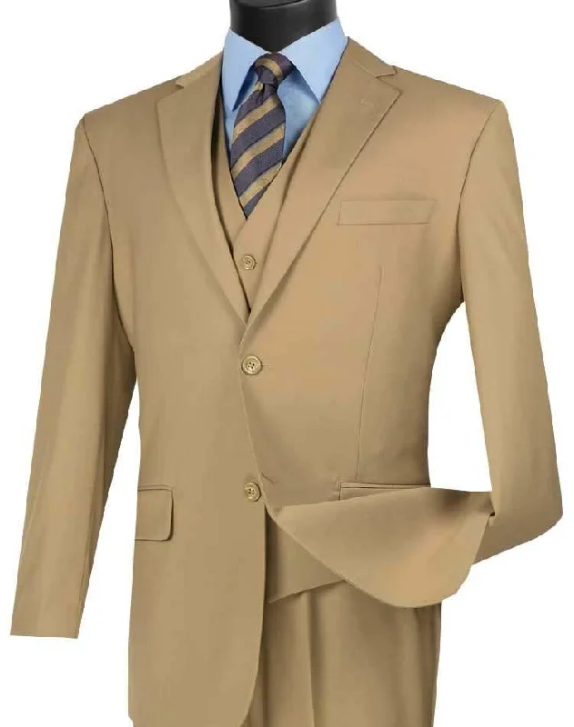 men's premium vests -Three Piece Classic Fit Vested Suit Color Khaki