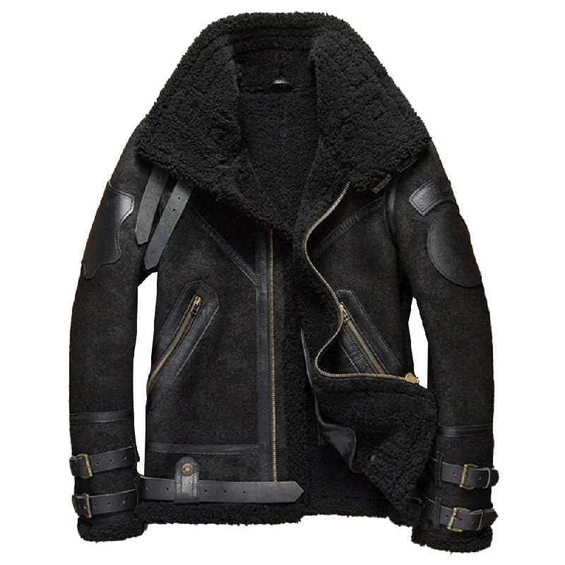 men's parkas for winter -Black B3 Aviator Bomber Shearling Jacket Men