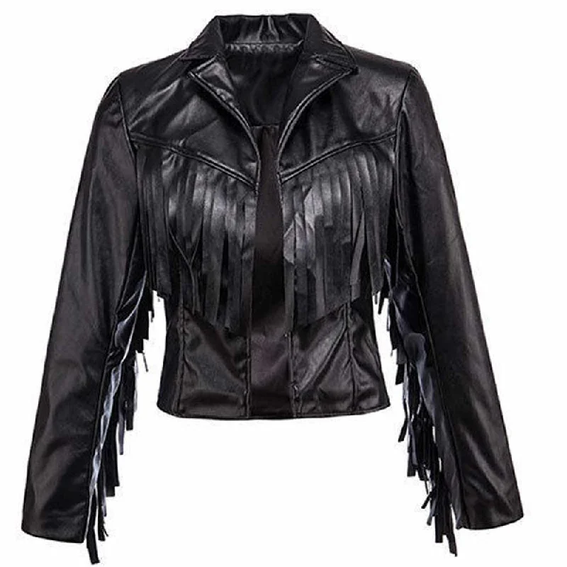 men's breathable jackets -Black Bomber Fashion Fringe Leather Jacket Women